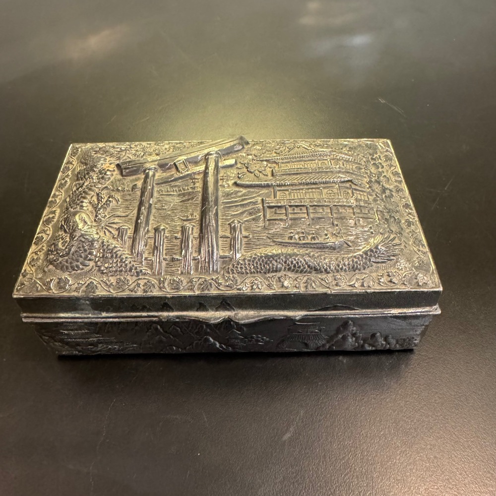 Vintage Japanese Trinket Box Home Decor Silver Pagoda Torii Gate Dragon Relief